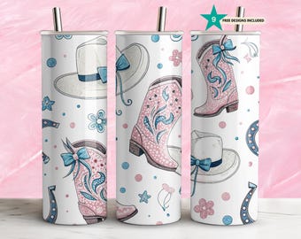 Cowgirl Boot Hat Tumbler Wrap 20oz Skinny Sublimation Design Pink Seamless Western Rodeo PNG Straight Tapered Digital Download
