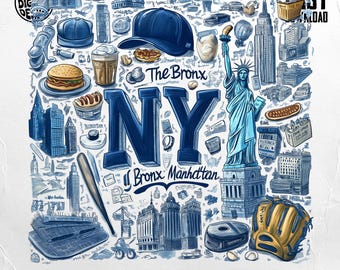 NYC Landmarks Sublimation Design: Retro Baseball, Bronx Manhattan (PNG Digital Download)
