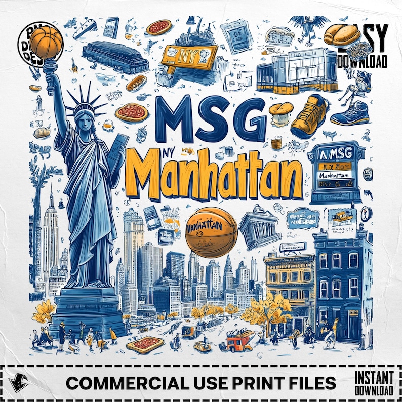 Manhattan NYC Theme Vector Art, Statue of Liberty, Basketball, Taxi, Printable Wall Art, Digital Download, New York City Illustration