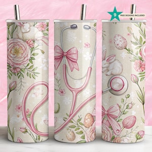 Envoltura para vaso de enfermera de Pascua: lazo coqueto y estetoscopio floral (descarga digital)