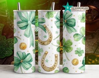 St Patricks Day Tumbler Wrap 20oz Skinny Sublimation Design Green and White Clover PNG Watercolor Digital Download Straight & Tapered File