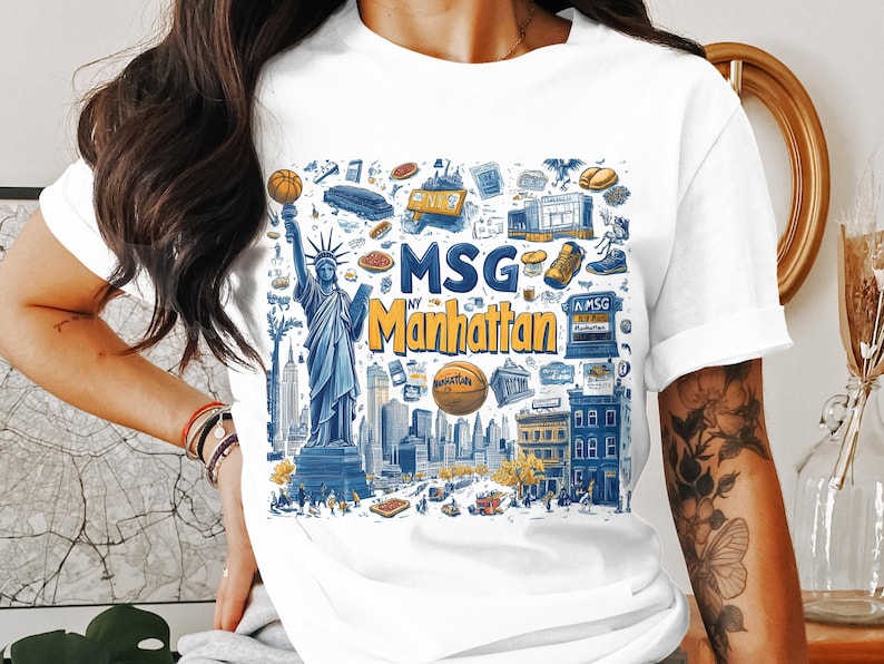 New York City Manhattan Graphic Tee, MSG Landmark T-Shirt, Urban Streetwear, Casual Fashion Top