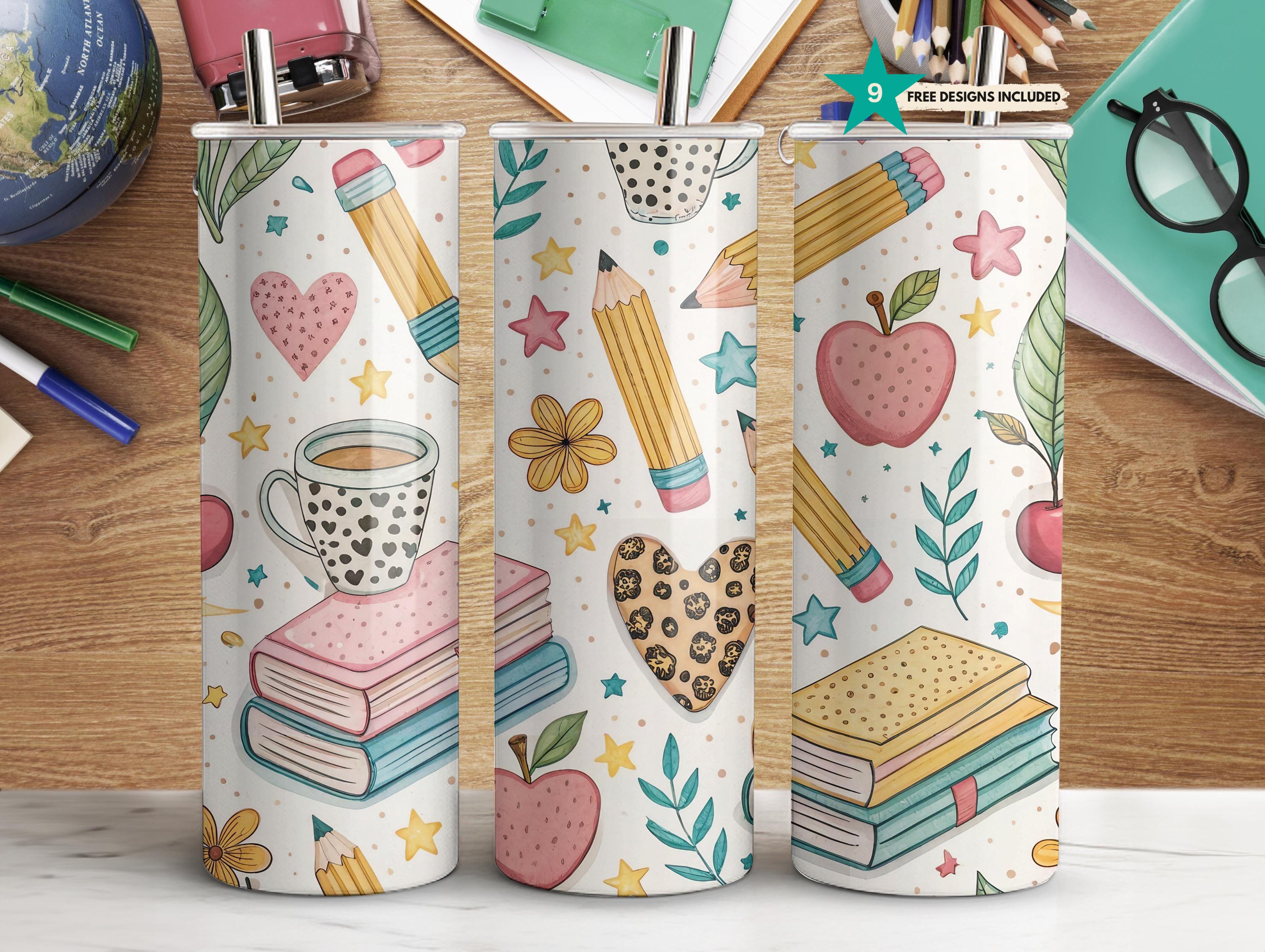 Cute Teacher Themed Tumbler Wrap 20oz Skinny Sublimation Design Coffee Books, and School Supplies Digital Download for Educators Teacher PNG