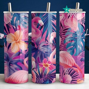 Tropical Flamingo Tumbler Sublimation Design: Pink Floral Wrap (Digital Download)