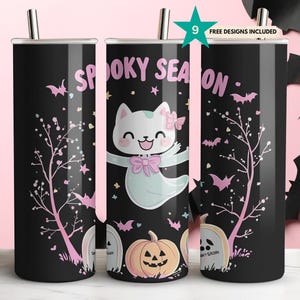 Envoltorio para vaso con diseño de gato fantasma, vaso delgado de 20 oz de temporada espeluznante (sublimación PNG), gatito rosa de Halloween, calabaza aterradora (descarga digital)
