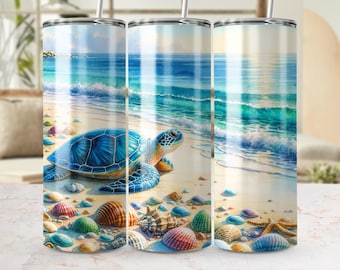 Seashore Watercolor Tumbler Wrap, Sea Turtle Tumbler PNG, Beach Ocean 20oz Sublimation Design, Digital Download PNG, Ocean Waves Design