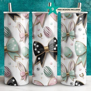 Coquette Glam Easter Tumbler Wrap - Bunny Ears & Polka Dot Bow Sublimation PNG - 20oz Skinny Seamless Digital Download for Spring