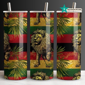 Rasta Tumbler Wrap | 20oz Skinny Reggae Colors & African Lion Design | Digital Download Tumbler Template | Jamaican Vibes Marley Tumbler