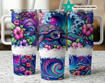 Ocean Turtle Floral 40oz Tumbler Wrap, Colorful Sea Turtle Tumbler, Floral Wave Tumbler, Beach Themed 40oz Tumbler, Vibrant Tumbler Wrap PNG