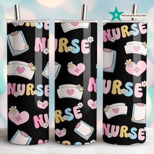 Nurse-Themed Pastel and Black Tumbler Wrap - 20 oz Sublimation Design - Straight & Tapered, PNG Digital Download