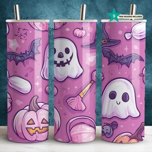 Spooky Kawaii Pink Halloween 20 oz Tumbler Wrap - Cute Ghost and Pumpkin Sublimation Design - Straight & Tapered PNG
