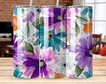 Vibrant Floral Tumbler Wrap Design, Watercolor Flower 20oz Sublimation Wrap, Colorful Petals Tumbler Digital Download Floral Pattern PNG