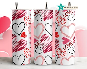 Valentine&#39;s Day Hearts Digital Tumbler Wrap - 20oz Skinny Sublimation Design - Love Pattern - Straight & Tapered Digital Download, PNG