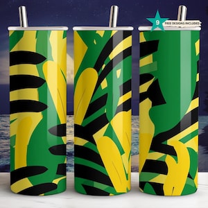 Jamaican Tropical Tumbler Wrap - Green, Yellow, Black Sublimation Design - 20 oz Skinny Tumbler Wrap Instant Digital Download Jamaica PNG