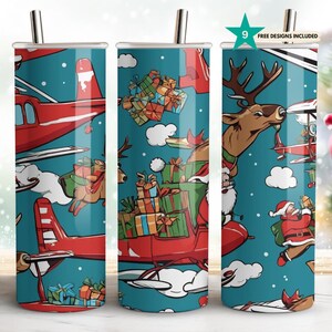 Air Force Santa Claus Christmas Tumbler Wrap - Santa Flying with Reindeer and Gifts - 20 oz Holiday Sublimation PNG