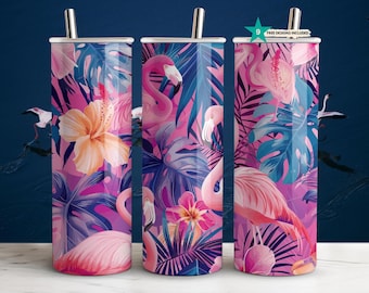 Flamingo 20 oz Skinny Tumbler Sublimation Design Straight & Tapered Wrap Bright Pink Sunmer Tropical Flowers Tumbler Wrap Digital Download