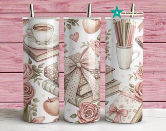 Vintage Books Roses Tumbler Wrap 20oz Skinny Sublimation Design Croquette and Floral Wrap Perfect for Teachers Digital Download PNG Gift