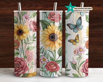 Sunflower Rose Tumbler Wrap Mothers Day 20oz Skinny Sublimation Design Brushstroke Floral Butterflies PNG Straight Tapered Digital Download