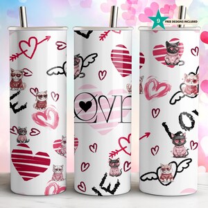 Valentine Cat Love Tumbler Wrap - 20 Unzen Skinny Sublimationsdesign - Süße Herzen & Katzen PNG - Gerader und konischer Liebestag Digitaler Download