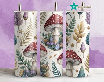 Mushroom Tumbler Wrap — 20oz Skinny PNG — Botanical Forest Sublimation Digital Download