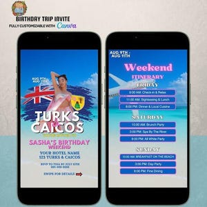 Turks and Caicos Digital Itinerary Template | Travel Planner for Birthday Getaway | Girls Trip Evite Canva Invitation Instant Download
