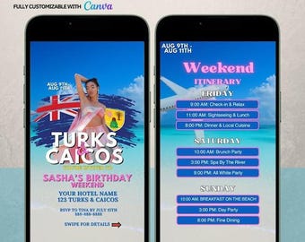 Turks & Caicos Birthday Itinerary Invite — Girls Trip Canva Template Digital Download