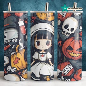 Spooky Halloween Tumbler Wraps, Digital Download Halloween Sublimation, Cute Nurse Character Sublimation Designs, Skull Pumpkin Decor