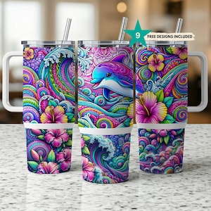 40oz Dolphin Tumbler Wrap, modello per sublimazione Ocean 40 once, 40 oz tropical summer beach floral tumbler wrap Download digitale PNG