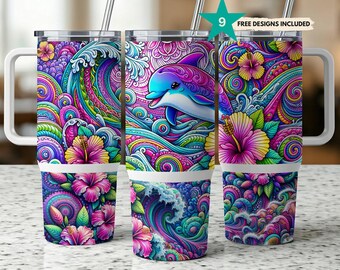 40oz Dolphin Tumbler Wrap, Ocean 40 ounce sublimation template, 40 oz tropical summer beach floral tumbler wrap Digital Download PNG