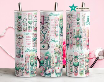 Nurse Tumbler Wrap 20oz Skinny Sublimation Brushstroke Design Medical Theme Healthcare Worker Gift Doctor Appreciation PNG Straight Tapered