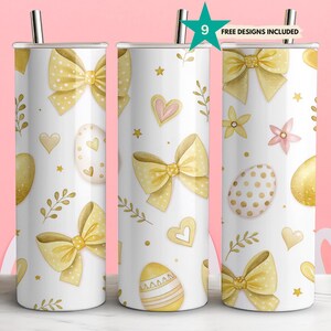 Easter Bunny Ears & Bow Tumbler Wrap - Yellow Spring Decor with Easter Eggs - 20oz Skinny Sublimation PNG - Digital Download
