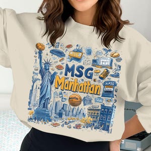 Manhattan NYC Graphic Sweatshirt, Iconic New York City Landmarks and Symbols, Unisex Fashion Pullover