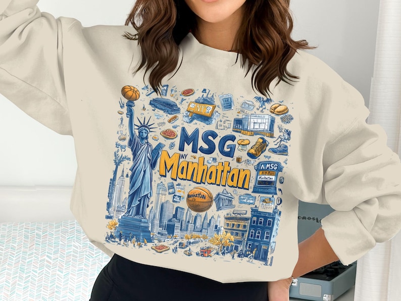 Manhattan NYC Graphic Sweatshirt, Iconic New York City Landmarks and Symbols, Unisex Fashion Pullover