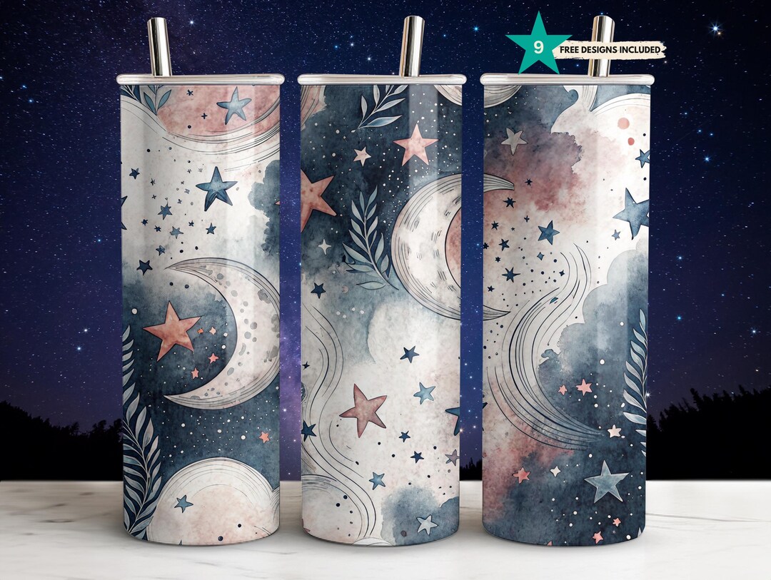 Celestial Moon Stars Tumbler Wrap: Watercolor Night Sky Design (PNG ...