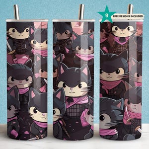 Kawaii Ninja Cat 20 oz Tumbler Wrap - Cute Cartoon Samurai Cat Design for Sublimation - Straight & Tapered PNG Digital Download