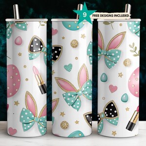 Coquette Glam Bunny Ears & Polka Dot Bow Tumbler Wrap - Pink Teal Easter Sublimation PNG - 20oz Skinny Tumbler Seamless Digital Download
