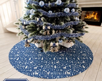 Scandinavian Christmas tree skirt, Blue and White Christmas tree skirt, cottage core or farmhouse style holiday decor, woodland decoration