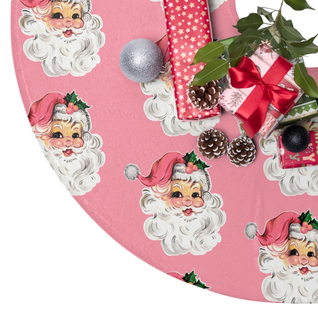 Pink Vintage Santa Christmas Tree Skirt, Vintage Christmas Decor, for