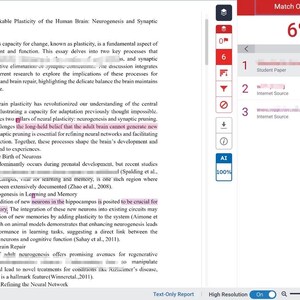 Pu&ograve; includere: Uno screenshot di uno strumento di analisi dei documenti, che mostra il testo sulla plasticit&agrave; cerebrale e la neurogenesi. L'interfaccia mostra una barra rossa che indica una corrispondenza del 6%, con i dettagli delle fonti. Il testo &egrave; evidenziato in rosa.