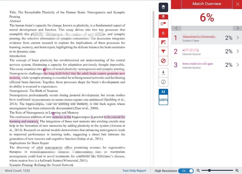 Pu&ograve; includere: Uno screenshot di uno strumento di analisi dei documenti, che mostra il testo sulla plasticit&agrave; cerebrale e la neurogenesi. L'interfaccia mostra una barra rossa che indica una corrispondenza del 6%, con i dettagli delle fonti. Il testo &egrave; evidenziato in rosa.