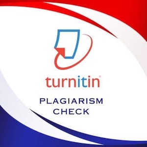 Puede incluir: Un fondo blanco con acentos curvos rojos y azules. El logotipo de Turnitin presenta un documento azul con una flecha roja y la palabra "turnitin" en rojo. Debajo, el texto dice "COMPROBACIÓN DE PLAGIO".