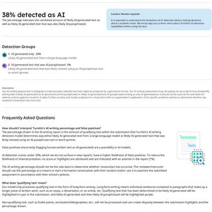 Pu&ograve; includere: Documento bianco con il titolo "38% rilevato come IA" che spiega il rilevamento dell'IA nella scrittura. Include sezioni su gruppi di rilevamento, disclaimer e domande frequenti.