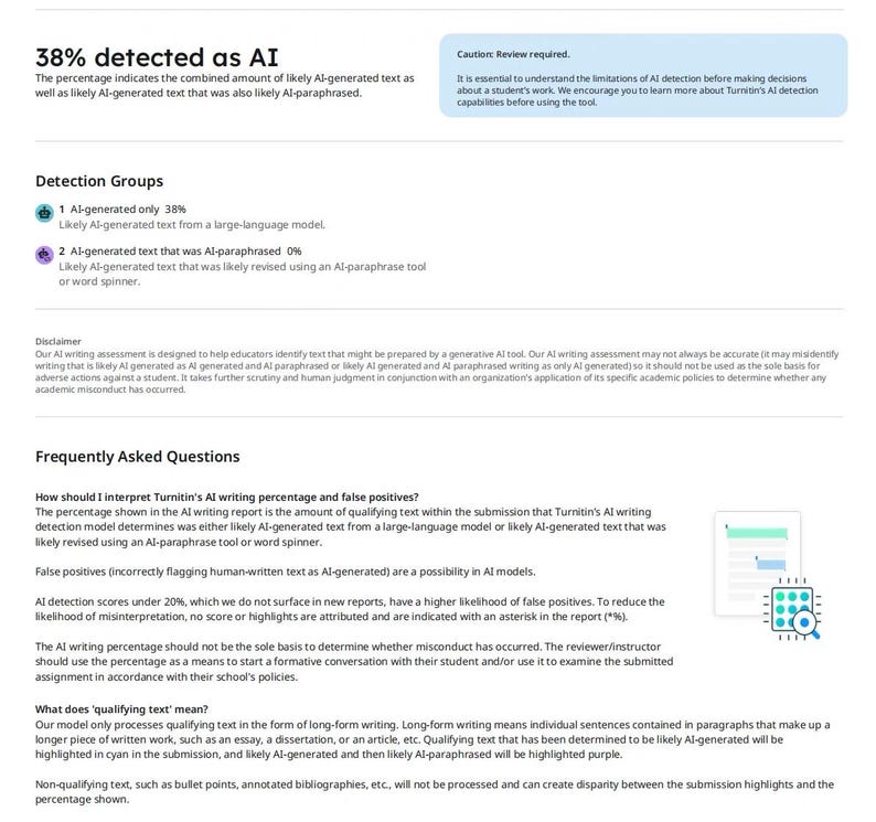 Pu&ograve; includere: Documento bianco con il titolo "38% rilevato come IA" che spiega il rilevamento dell'IA nella scrittura. Include sezioni su gruppi di rilevamento, disclaimer e domande frequenti.