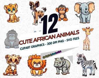 May include: A set of 12 cute cartoon African animals, including a lion, zebra, giraffe, rhino, gorilla, elephant, monkey, cheetah, leopard, and a dog. The animals are all in a cartoon style and are brightly coloured. The text "12 Cute African Animals" is written in a large font at the top of the image. The text "Clipart Graphics - 300 DPI PNG - SVG Files" is written below the animals. The text "@digitalpixelartist" is written in the bottom right corner of the image.