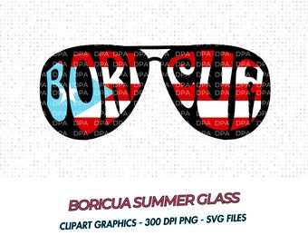 May include: Black sunglasses with the word "BORICUA" written in white letters on a red, white, and blue background. The sunglasses are a digital clipart graphic.