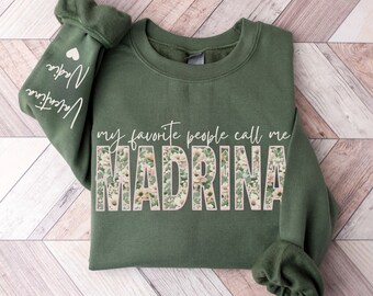 Custom Madrina Sweatshirt with Godkid Names on Sleeve, Personalized Mothers Day Gift for Latina Godmother, Baptism Proposal Gift for Madrina