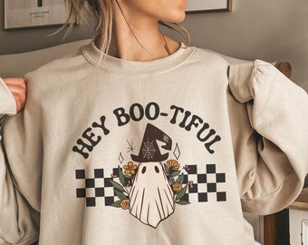 Cute Retro Ghost Halloween Sweatshirt for Spooky Season, Trendy Fall Crewneck Halloween Ghost Sweater, Hey Boo-tiful Ghost Pullover