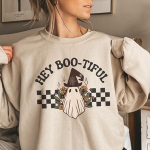 Cute Retro Ghost Halloween Sweatshirt for Spooky Season, Trendy Fall Crewneck Halloween Ghost Sweater, Hey Boo-tiful Ghost Pullover