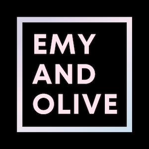 May include: A white square with a light blue and pink gradient border. The text "EMY AND OLIVE" is in white letters inside the square.