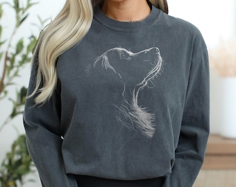 May include: A charcoal gray long-sleeve sweatshirt featuring a white line-art illustration of a dog looking upward on the chest. The garment has a crew neckline and ribbed cuffs. The word PEPPER is printed in a small circle in the top right corner.